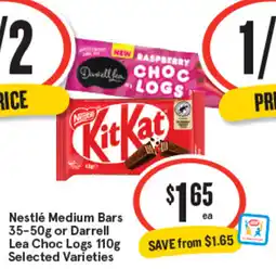 IGA Nestlé Medium Bars or Darrell Lea Choc Logs offer