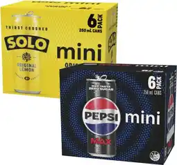 Coles Pepsi Max, Solo or Schweppes Lemonade Soft Drink 6x250mL offer