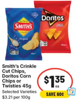 IGA Smith's Crinkle Cut Chips, Doritos Corn Chips or Twisties offer