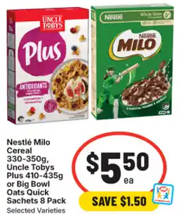 IGA Nestlé Milo Cereal, Uncle Tobys Plus or Big Bowl Oats Quick Sachets offer
