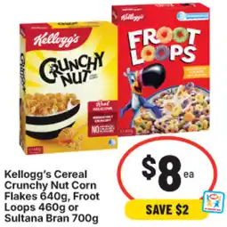 IGA Kellogg's Cereal Crunchy Nut Corn Flakes, Froot Loops or Sultana Bran offer