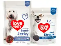 Woolworths Love Em Jerky Dog Treats 200g or Love Em Straps Dog Treats 150-200g offer