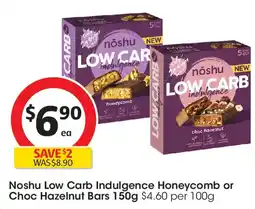 Coles Noshu low carb indulgence honeycomb or choc hazelnut bars offer