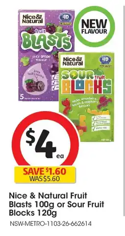 Coles Nice & natural fruit blasts or sour fruit blocks offer