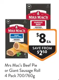 Foodworks Mrs mac's beef pie or giant sausage roll offer
