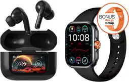 BIG W AIWA Smart Tech Duo - 2 Smartwatch with Black/Orange Straps and Black Noise- Cancelling Earbuds offer