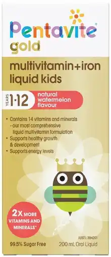 Amcal Pharmacies Pentavite Gold Multivitamin + Iron Liquid For Kids 1-12 Years Watermelon Flavour offer