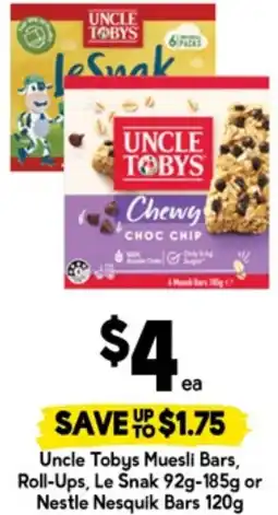 Drakes Uncle Tobys Muesli Bars, Roll-Ups, Le Snak or Nestle Nesquik Bars offer