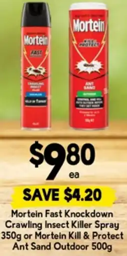 Drakes Mortein Fast Knockdown Crawling Insect Killer Spray or Mortein Kill & Protect Ant Sand Outdoor offer