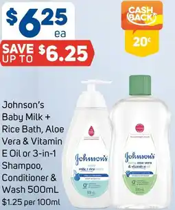 Foodland Johnson's baby milk rice bath, aloe vera & vitamin e oil or 3-in-1 shampoo, conditioner & wash offer