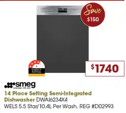 Designer Appliances Smeg 14 Place Setting Semi-Integrated Dishwasher offer