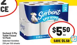 IGA Sorbent 3 Ply Toilet Tissue 12 Pack offer