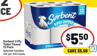 IGA Sorbent 3 Ply Toilet Tissue 12 Pack offer