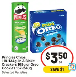 IGA Pringles chips in a biskit crackers or oreo cookies offer