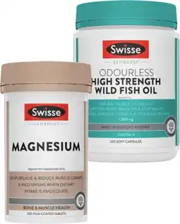 Coles Swisse Ultiboost Odourless High Strength Wild Fish Oil Capsules or Magnesium Tablets offer