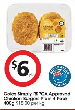 Coles Coles Simply RSPCA Approved Chicken Burgers Plain offer