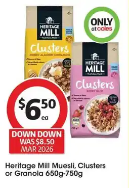 Coles Heritage Mill Muesli, Clusters or Granola offer