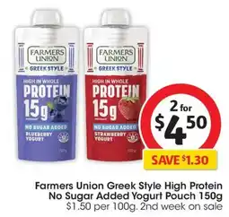 Coles Farmers Union Greek Style High Protein No Sugar Added Yogurt Pouch offer