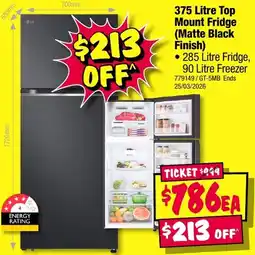 JB Hi-Fi 375 Litre Top Mount Fridge (Matte Black Finish) offer