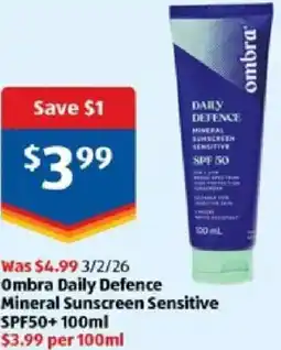 ALDI Daily defence mineral sunscreen sensitive offer