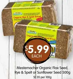 Spudshed Mestemacher organic flax seed, rye & spelt or sunflower seed offer