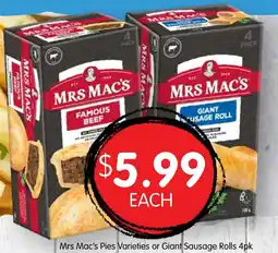 Spudshed Mrs mac's pies varieties or giant sausage rolls offer