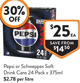 Foodworks Pepsi or schweppes soft drink cans offer