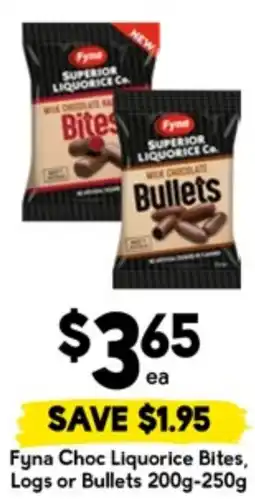 Drakes Fyna Choc Liquorice Bites, Logs or Bullets offer