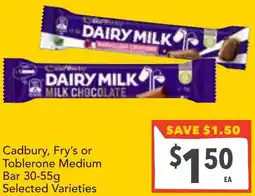 Supa Valu Cadbury, Fry's or Toblerone Medium Bar Selected Varieties offer