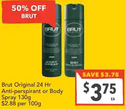 Supa Valu Brut Original 24 Hr Anti-perspirant or Body Spray offer