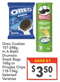 Supa Valu Oreo Cookies, In A Biskit Drumstix Snack Bags or Pringles Chips Selected Varieties offer