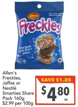 Supa Valu Allen's Freckles, Jaffas or Nestlé Smarties Share Pack offer