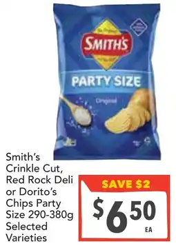 Supa Valu Smith's Crinkle Cut, Red Rock Deli or Dorito's Chips Party Size Selected Varieties offer