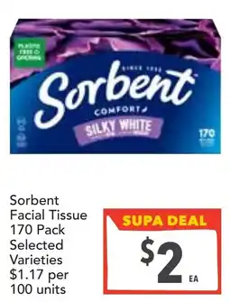 Supa Valu Sorbent Facial Tissue Selected Varieties offer