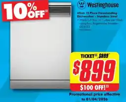 The Good Guys Westinghouse 15 Place Freestanding Dishwasher Stainless Steel offer