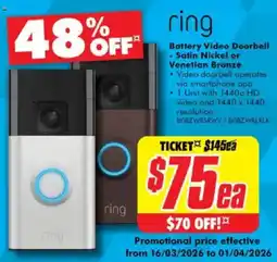 The Good Guys Battery Video Doorbell Satin Nickel or Venetian Bronze offer