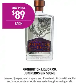 Dan Murphy's Prohibition liquor co. juniperus gin offer