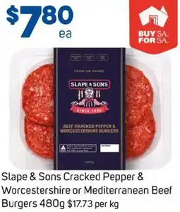 Foodland Slape & Sons Cracked Pepper & Worcestershire or Mediterranean Beef Burgers offer