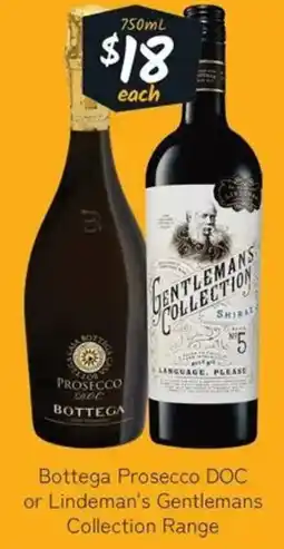Cellarbrations Bottega prosecco doc or lindeman's gentlemans collection range offer