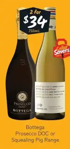 Cellarbrations Bottega Prosecco DOC or Squealing Pig Range offer