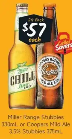 Cellarbrations Miller Range Stubbies or Coopers Mild Ale 3.5% Stubbies offer