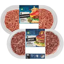 Woolworths Woolworths Australian Beef Burgers Angus, Steakhouse or Chuck & Brisket 454g Pk 4 offer