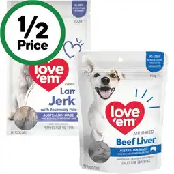 Woolworths Love ’Em Jerky Dog Treats 200g or Love ’Em Beef Liver Dog Treats 90g offer