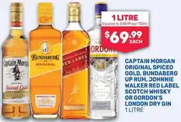 SipnSave Captain morgan original spiced gold, bundaberg up rum, johnnie walker red label scotch whisky or gordon's london dry gin offer