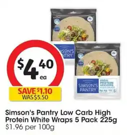 Coles Simsons Pantry Low Carb High Protein White Wraps offer