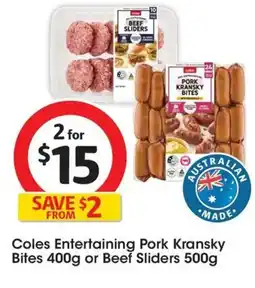 Coles Coles Entertaining Pork Kransky Bites or Beef Sliders offer