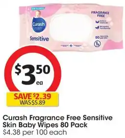 Coles Curash fragrance free sensitive skin baby wipes offer