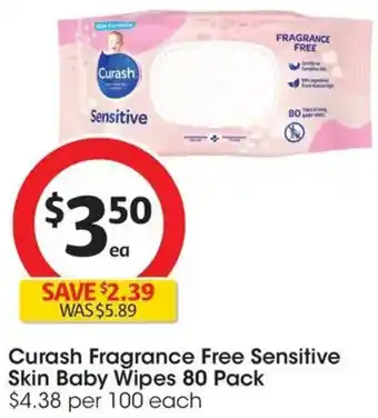 Coles Curash fragrance free sensitive skin baby wipes offer