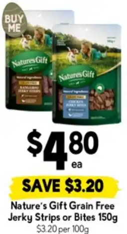 Drakes Nature's Gift Grain Free Jerky Strips or Bites offer