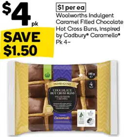 Woolworths Woolworths Indulgent Caramel Filled Chocolate Hot Cross Buns, inspired by Cadbury Caramello offer